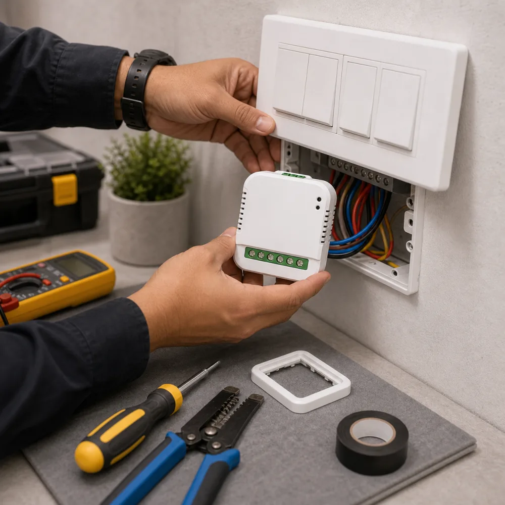 Smart home installer preparing retrofit automation module